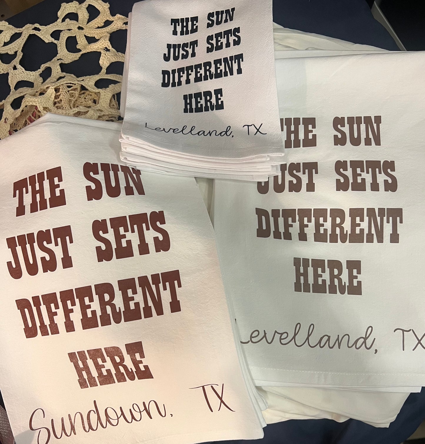 Custom City "Sun Sets Different Here" Tea Towel