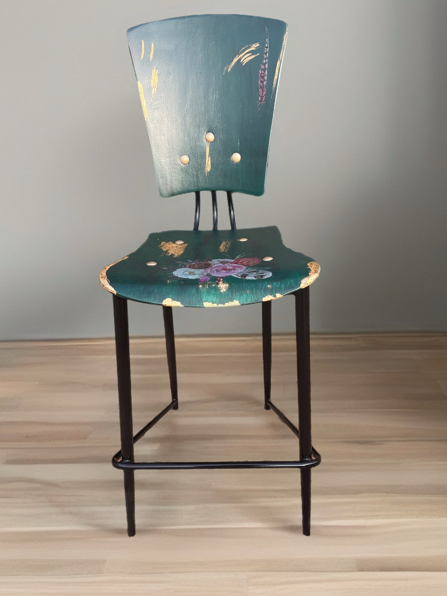 Counter Height Bar Stool-Metal Base with Painted Wood Seat and Back